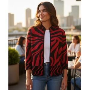 Ming Wang Open Front Knit Cardigan Jacket Red & Black Animal Print Tiger PM